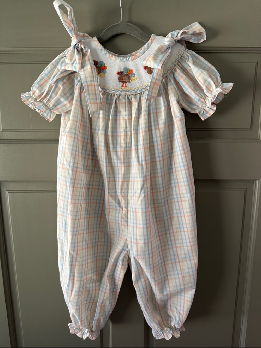 Smocked Pastel Plaid Girls One-Piece Romper with Tie Shoulders